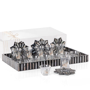 A black MOP tray holding six coffee glasses, six tea glasses, and six coasters, with an acrylic box