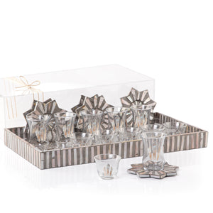 A brown MOP tray holding six coffee glasses, six tea glasses, and six coasters, with an acrylic box