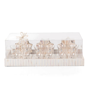 A beige MOP tray holding six coffee glasses, six tea glasses, and six coasters, with an acrylic box