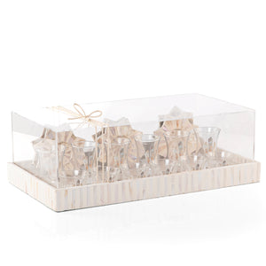 A beige MOP tray holding six coffee glasses, six tea glasses, and six coasters, with an acrylic box