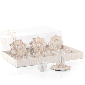 A beige MOP tray holding six coffee glasses, six tea glasses, and six coasters, with an acrylic box