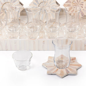 A beige MOP tray holding six coffee glasses, six tea glasses, and six coasters, with an acrylic box