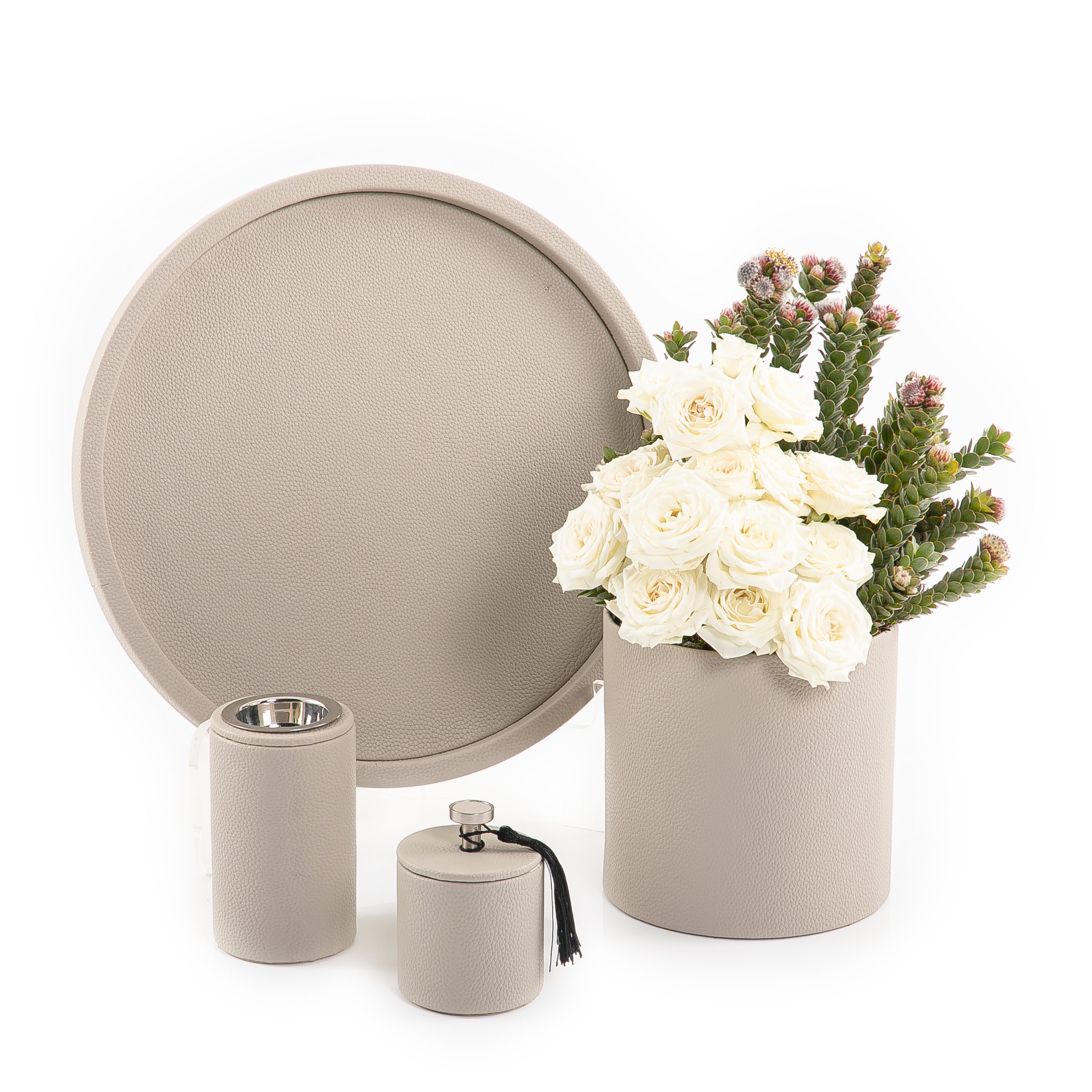 beige leather set includes circle tray, incense burner, jar, and flower vase