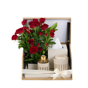 Beige Leather tray with matching tissue box, red roses, candle, and diffuser inside gift box