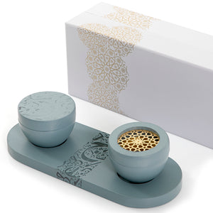 Blue wooden incense burner and bowl on a matching tray, decorated with Islamic inscriptions