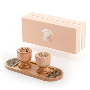Light brown wooden incense burner and bowl on a matching tray