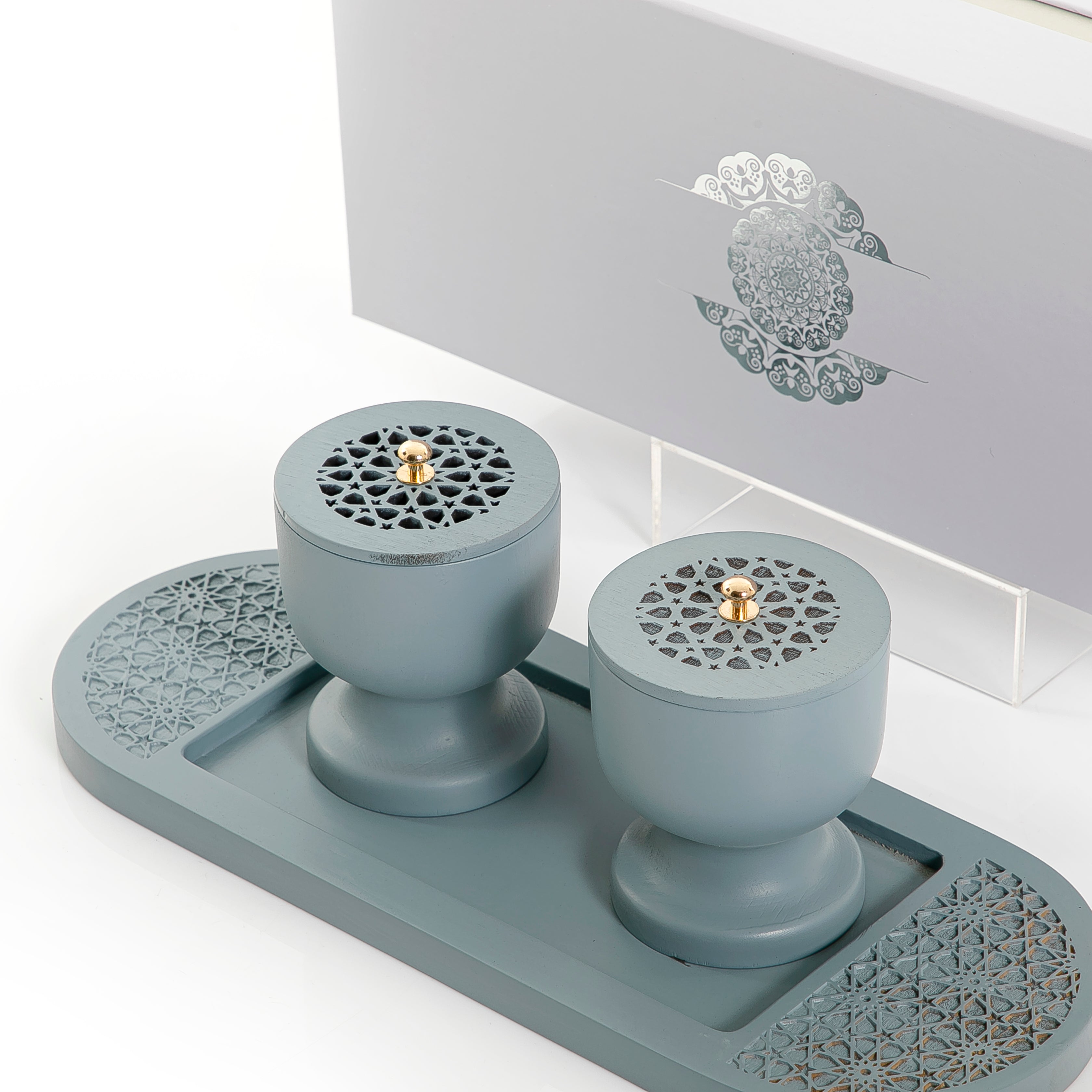 Blue wooden incense burner and bowl on a matching tray