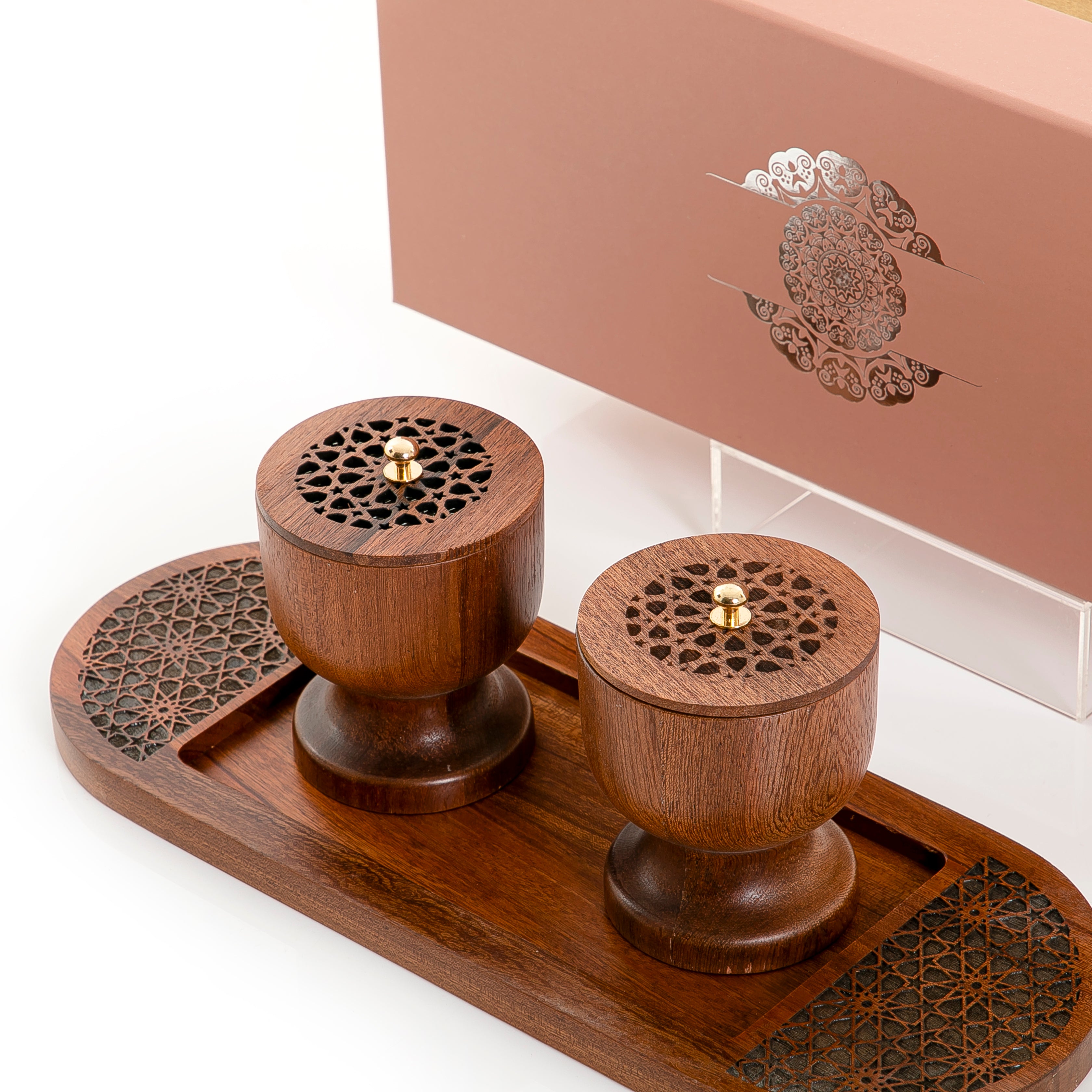 Brown wooden incense burner and bowl on a matching tray