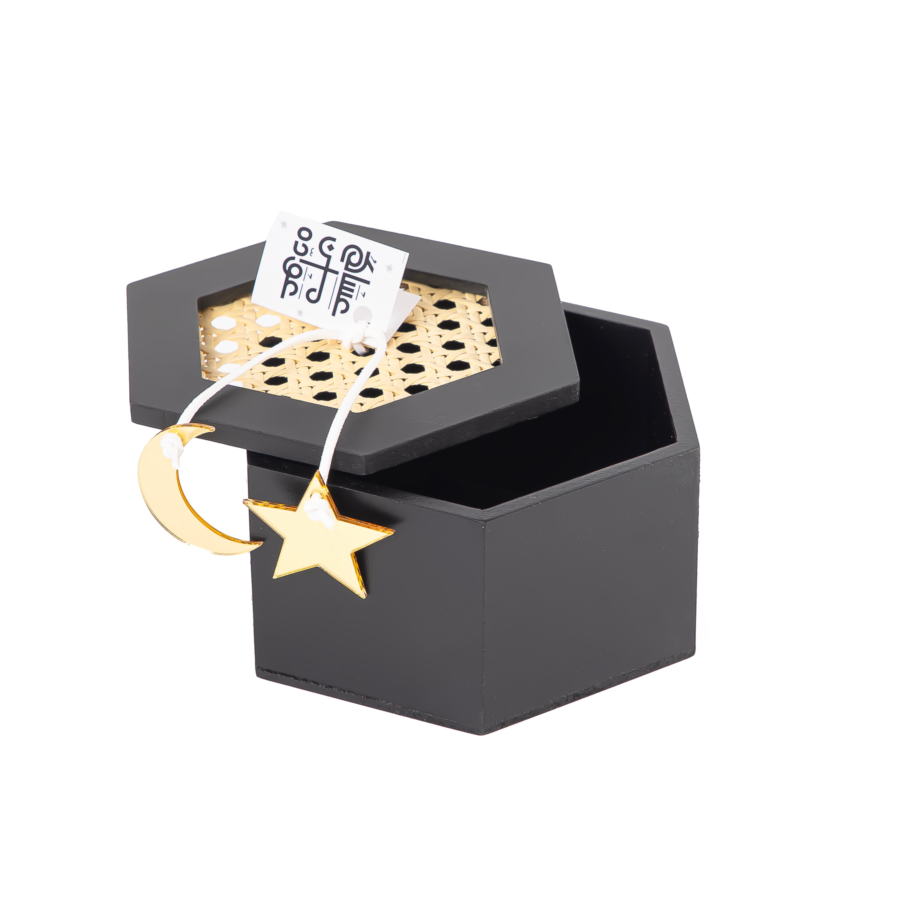 Decorated black wooden box with a customized name label