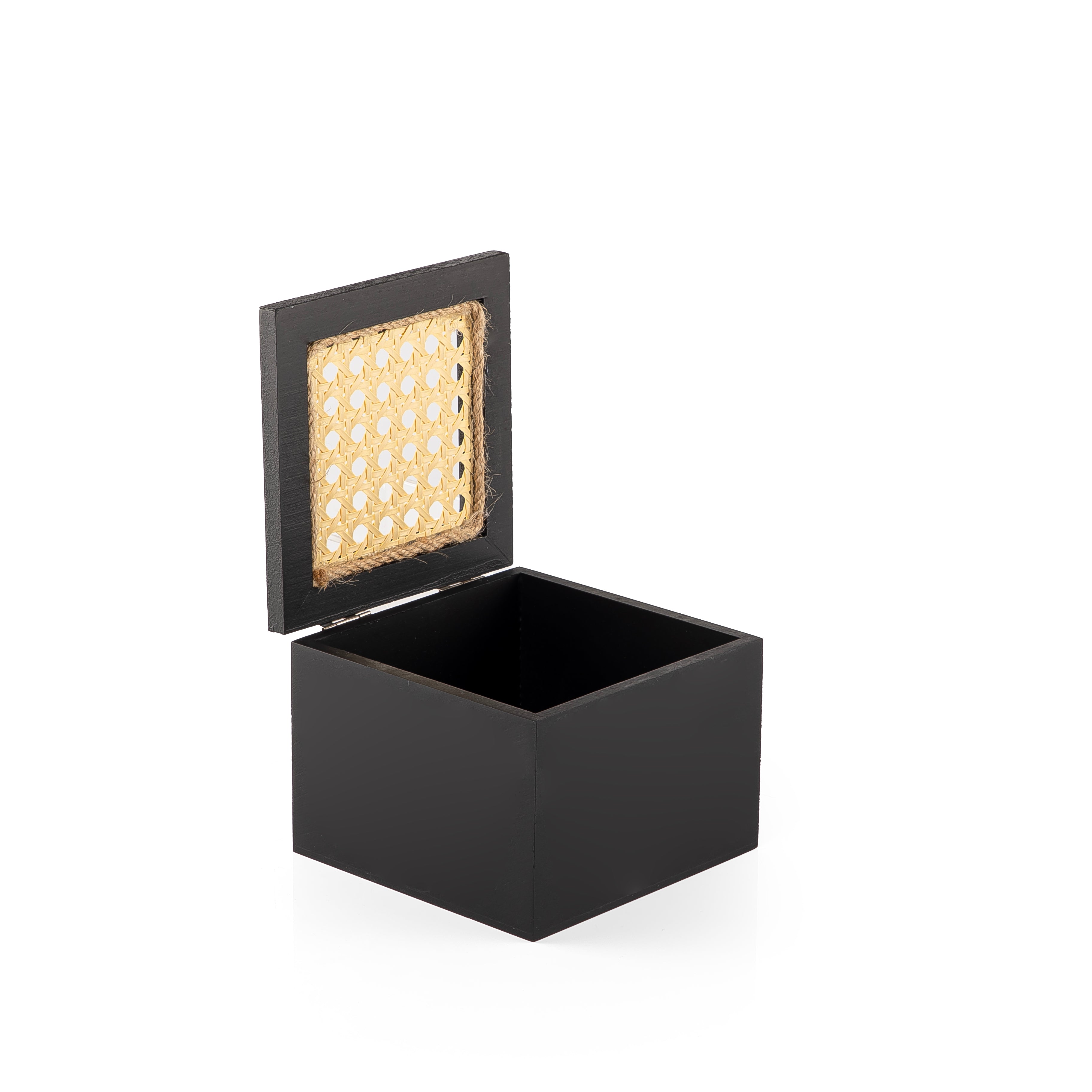 Decorated black square wooden box with a customized name label