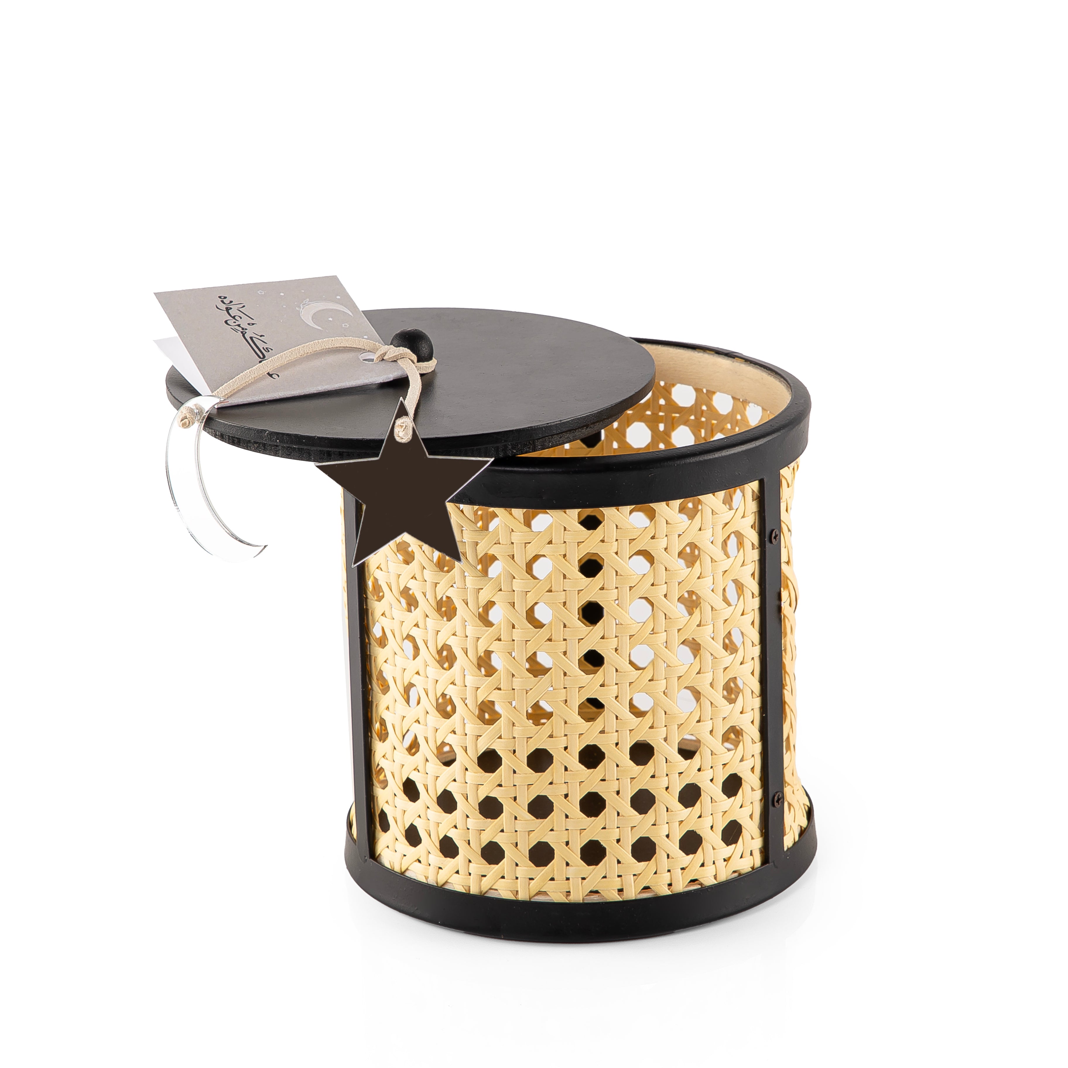 Decorated black wooden box with a customized name label