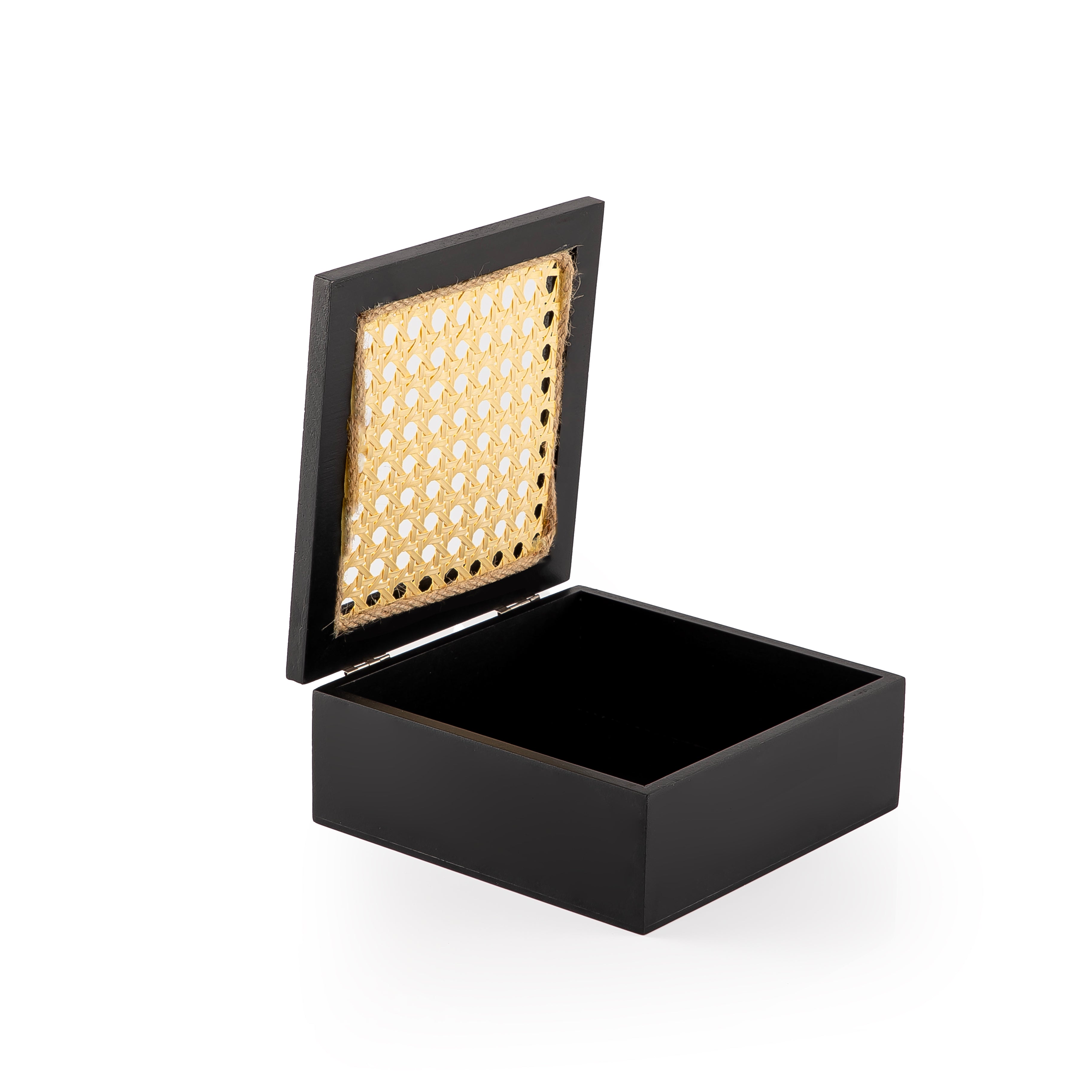 Decorated black square wooden box with a customized name label