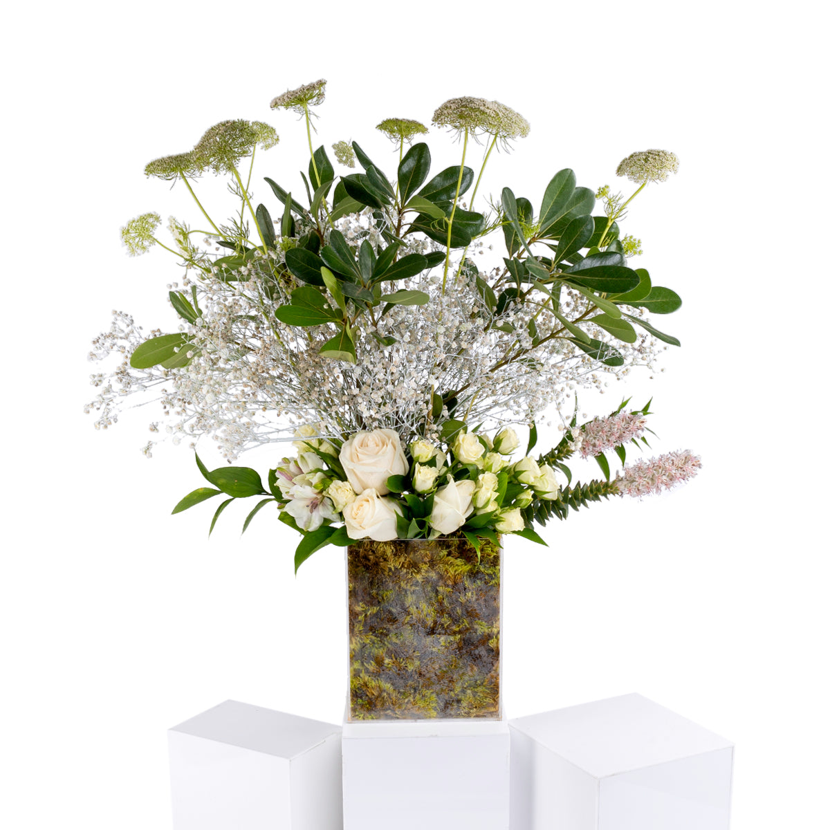 Elegant flower vase featuring fresh deferent types of white flowers