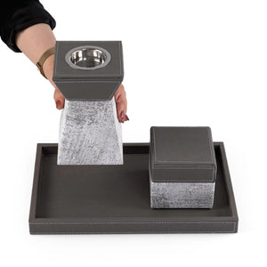 Grey leather incense burner with a matching bakhour storage jar