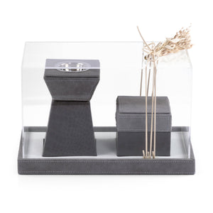 Grey leather incense burner with a matching bakhour storage jar in an Acrylic box