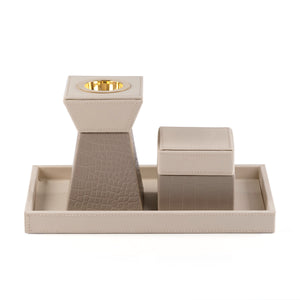 beige leather incense burner with a beige bakhor storage jar