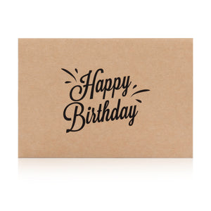 Beige birthday greeting card with the words 'Happy Birthday' written on it