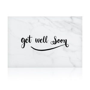 white marble greeting card for with the words 'get well soon' written on it