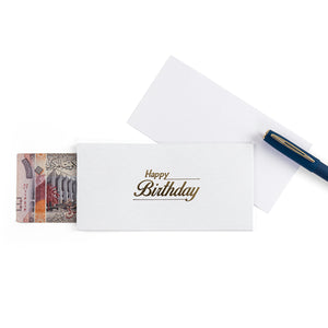 white greeting envelope with the words 'Happy birthday' written on it