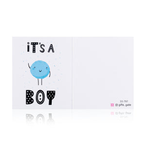 blue and white new baby born greeting card with sentence it's a boy
