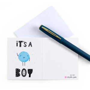 blue and white new baby born greeting card with sentence it's a boy