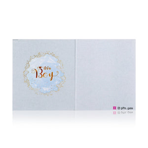 blue new boy baby born greeting card with sentence it's a boy