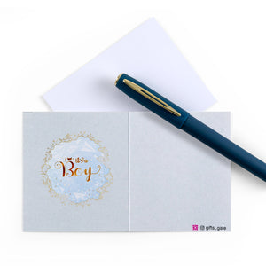 blue new boy baby born greeting card with sentence it's a boy