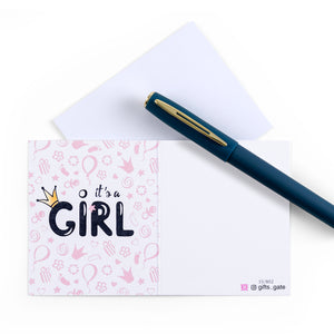 pink and white new girl baby born greeting card with sentence it's a girl