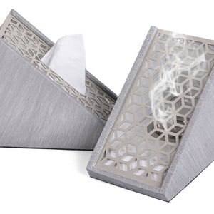 grey wooden incense burner with matching tissue box