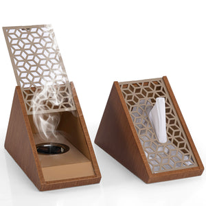 brown wooden incense burner with matching tissue box