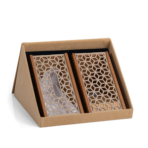 brown wooden incense burner with matching tissue box