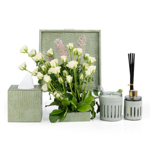 Green Leather tray with matching tissue box, flower, candle, and diffuser