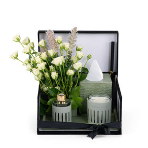Green Leather tray with matching tissue box, flower, candle, and diffuser, inside black gift box
