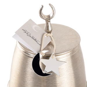 Decorated silver metal box with a customized name label