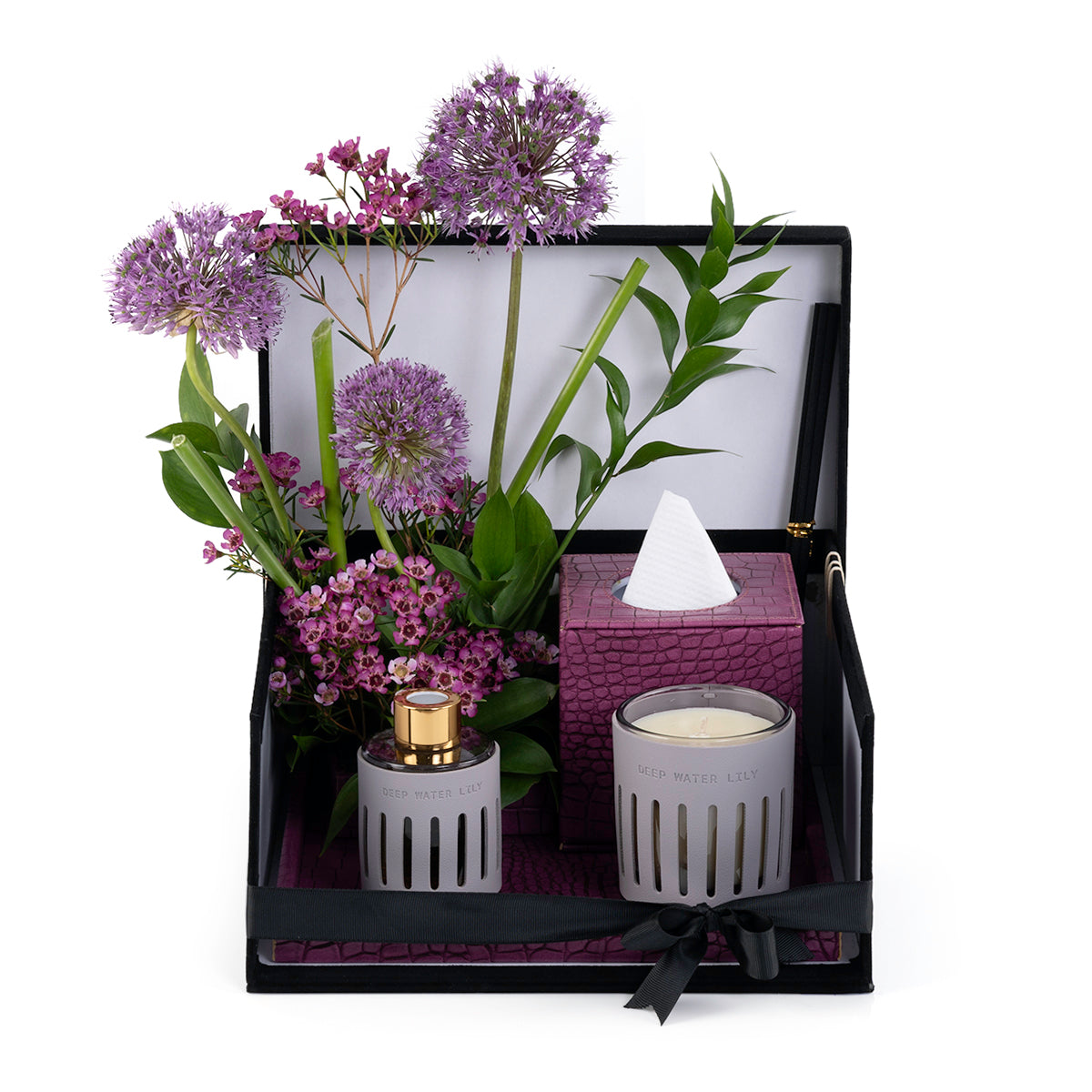 Purple Leather tray with matching tissue box, flower, candle, and diffuser, inside black gift box