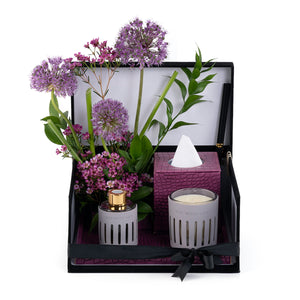 Purple Leather tray with matching tissue box, flower, candle, and diffuser, inside black gift box