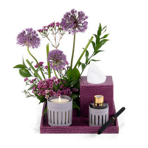 Purple Leather tray with matching tissue box, flower, candle, and diffuser