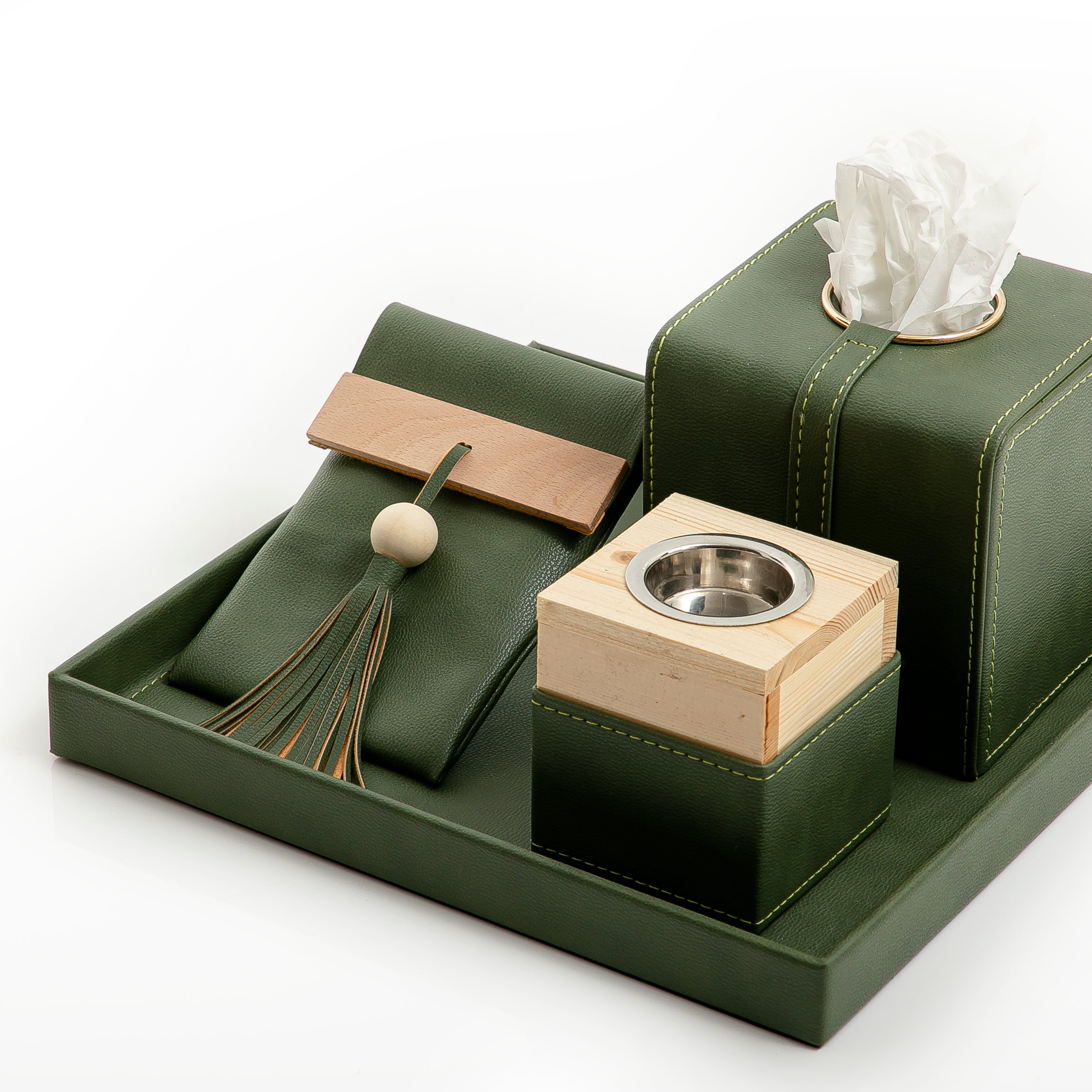 Square Leather Incense & Tissue Set – 4 Pieces (Green)