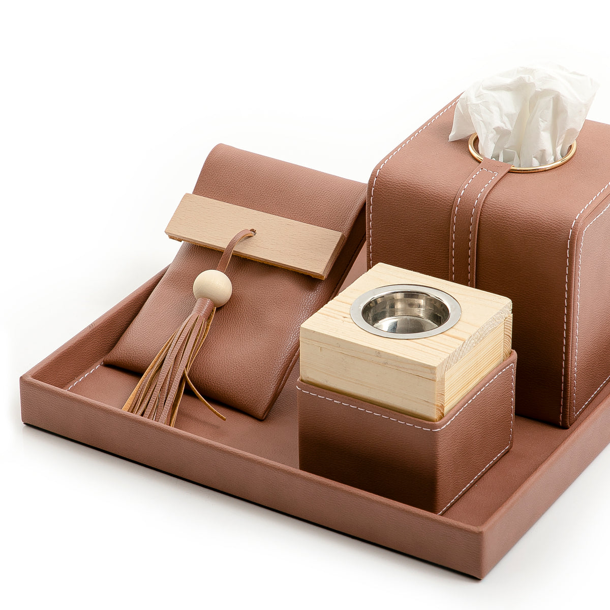 Square Leather Incense & Tissue Set – 4 Pieces (Brown)