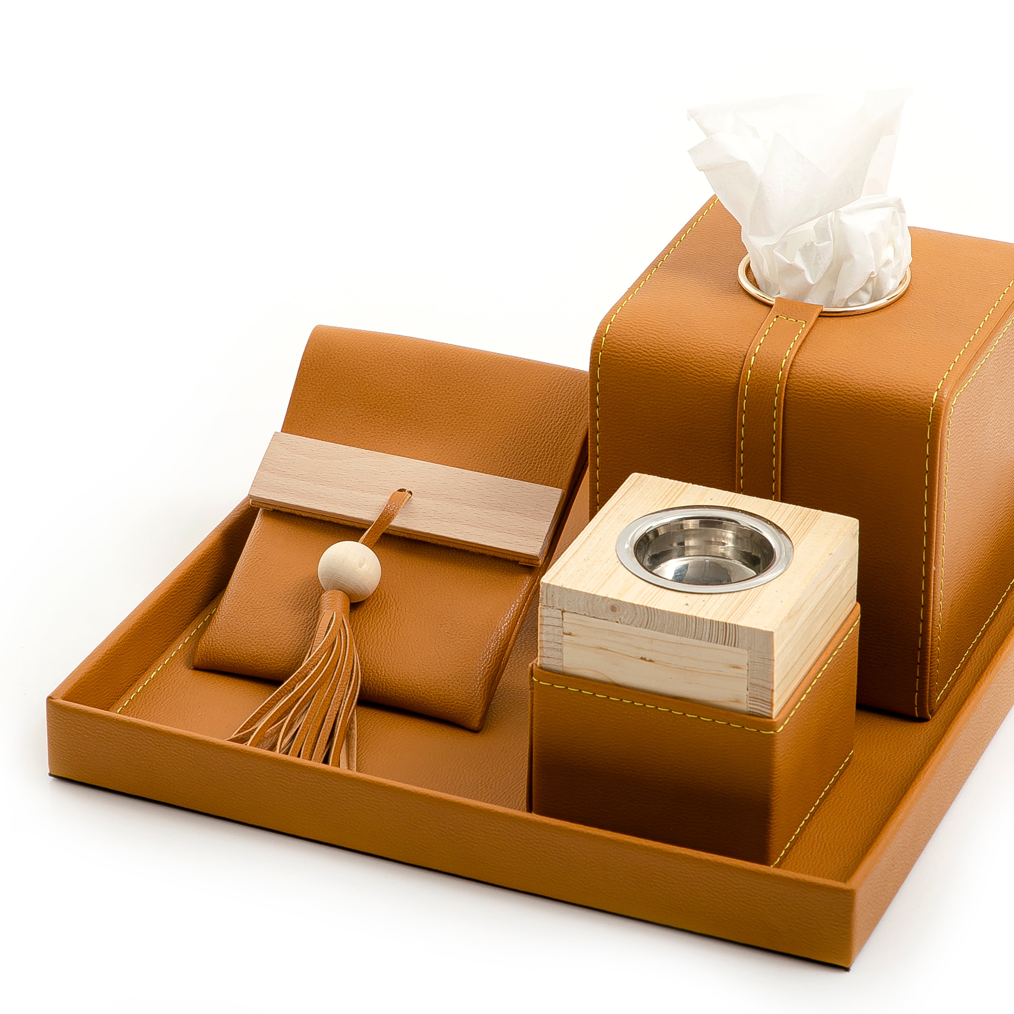Square Leather Incense & Tissue Set – 4 Pieces (Caramel/Tan)