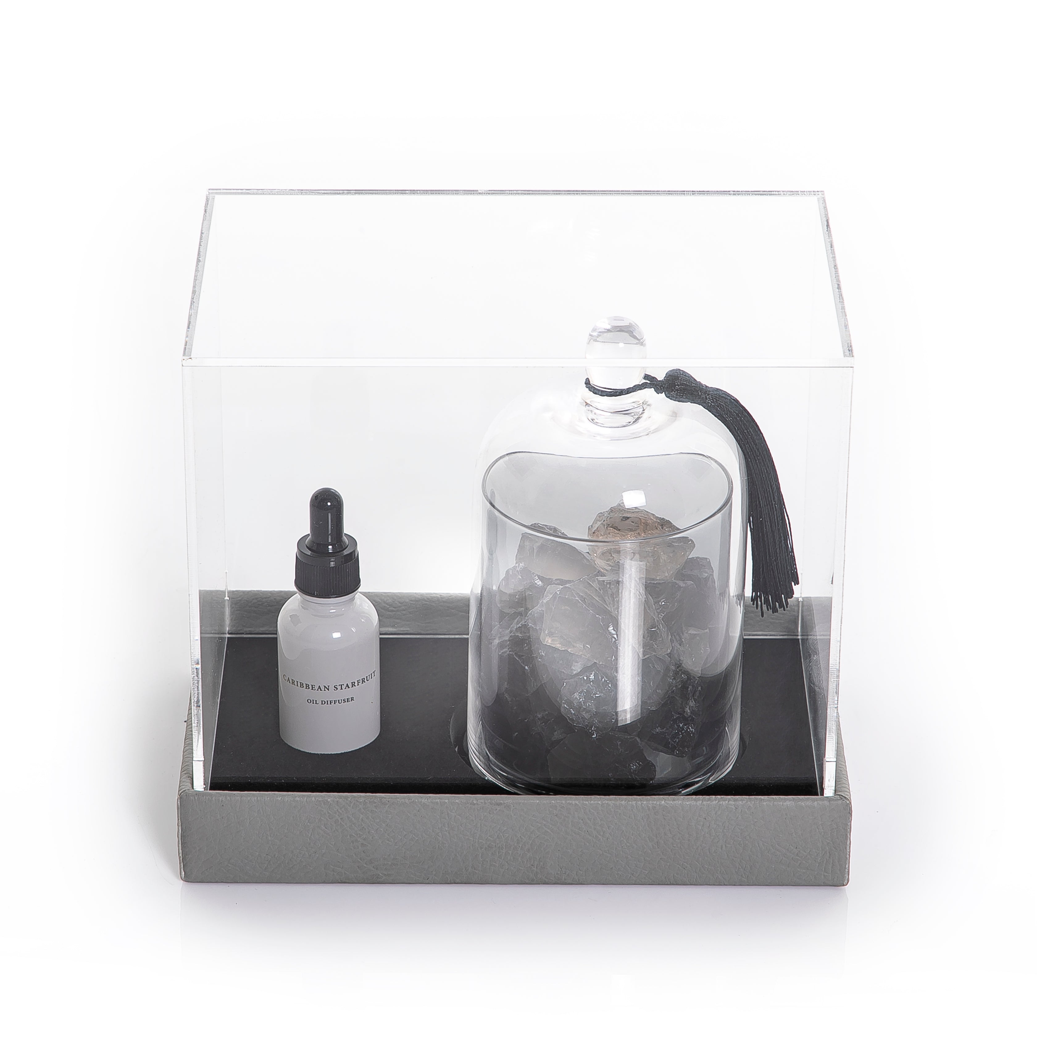 diffuser set ( gray leather tray + perfume + acrylic cover )