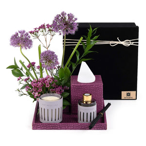 Purple Leather tray with matching tissue box, flower, candle, and diffuser
