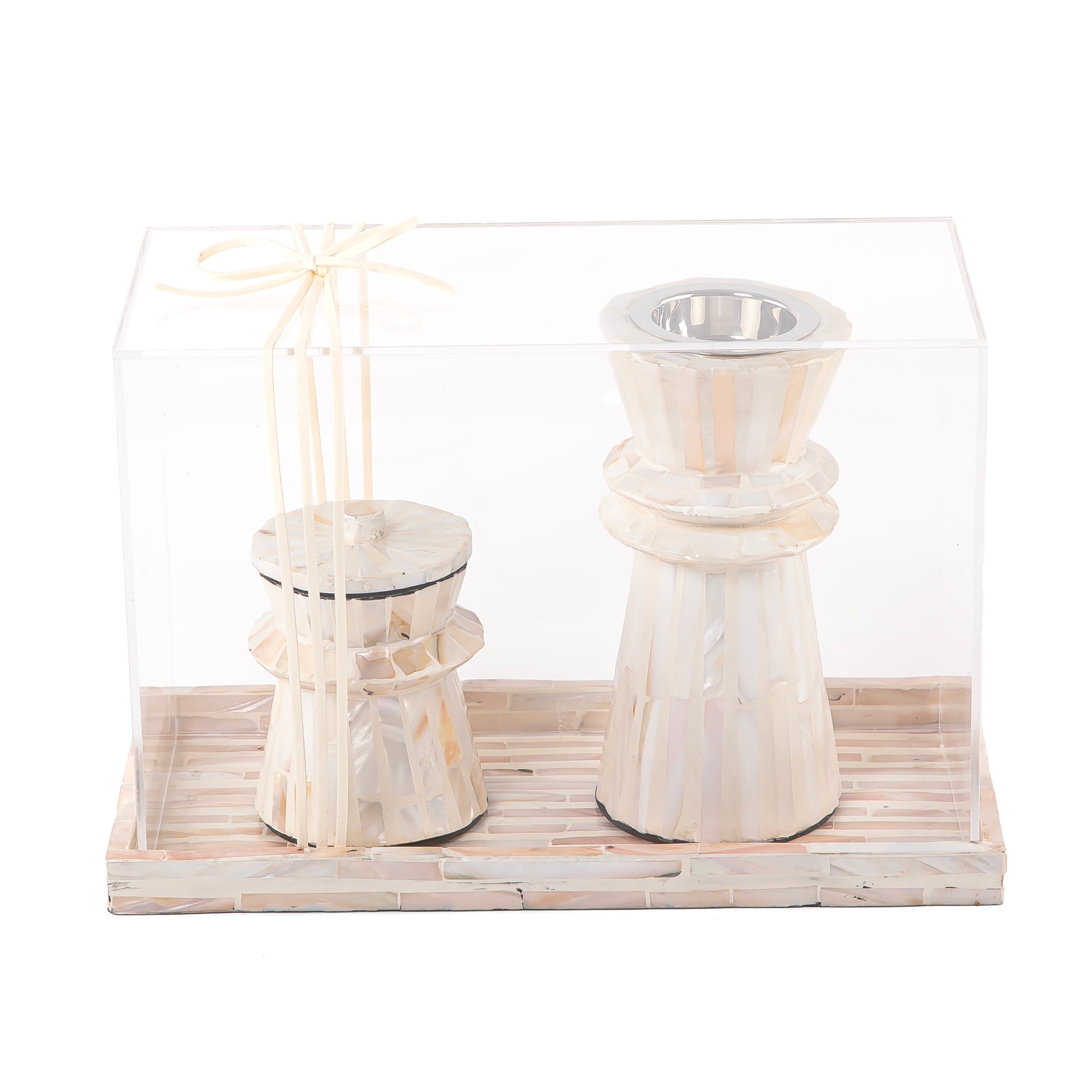 beige decorated MOP incense burner with a bowl in an Acrylic box
