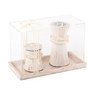 beige decorated MOP incense burner with a bowl in an Acrylic box