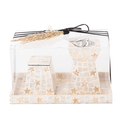 beige decorated MOP incense burner with a bowl in an Acrylic box