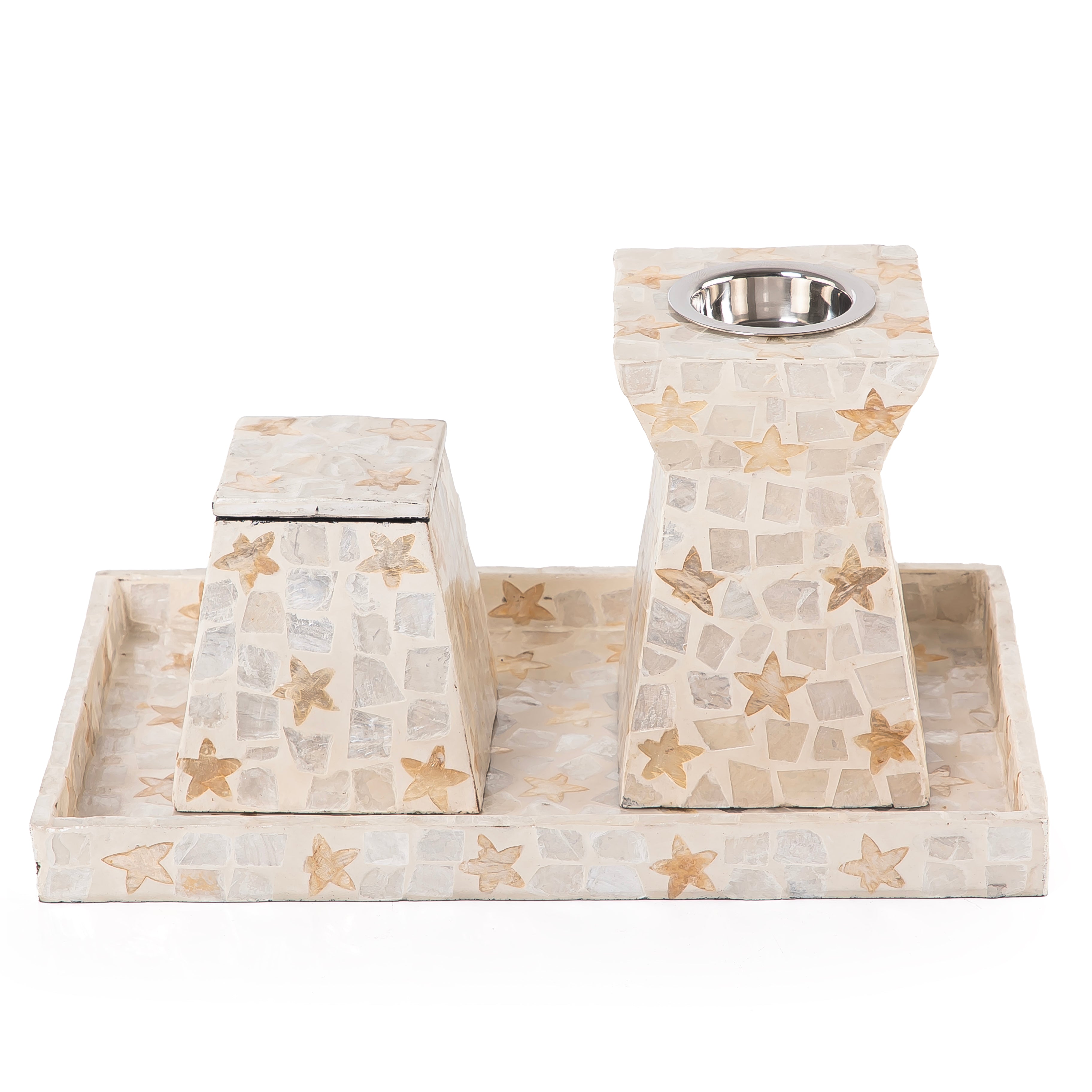 beige decorated MOP incense burner with a bowl in an Acrylic box