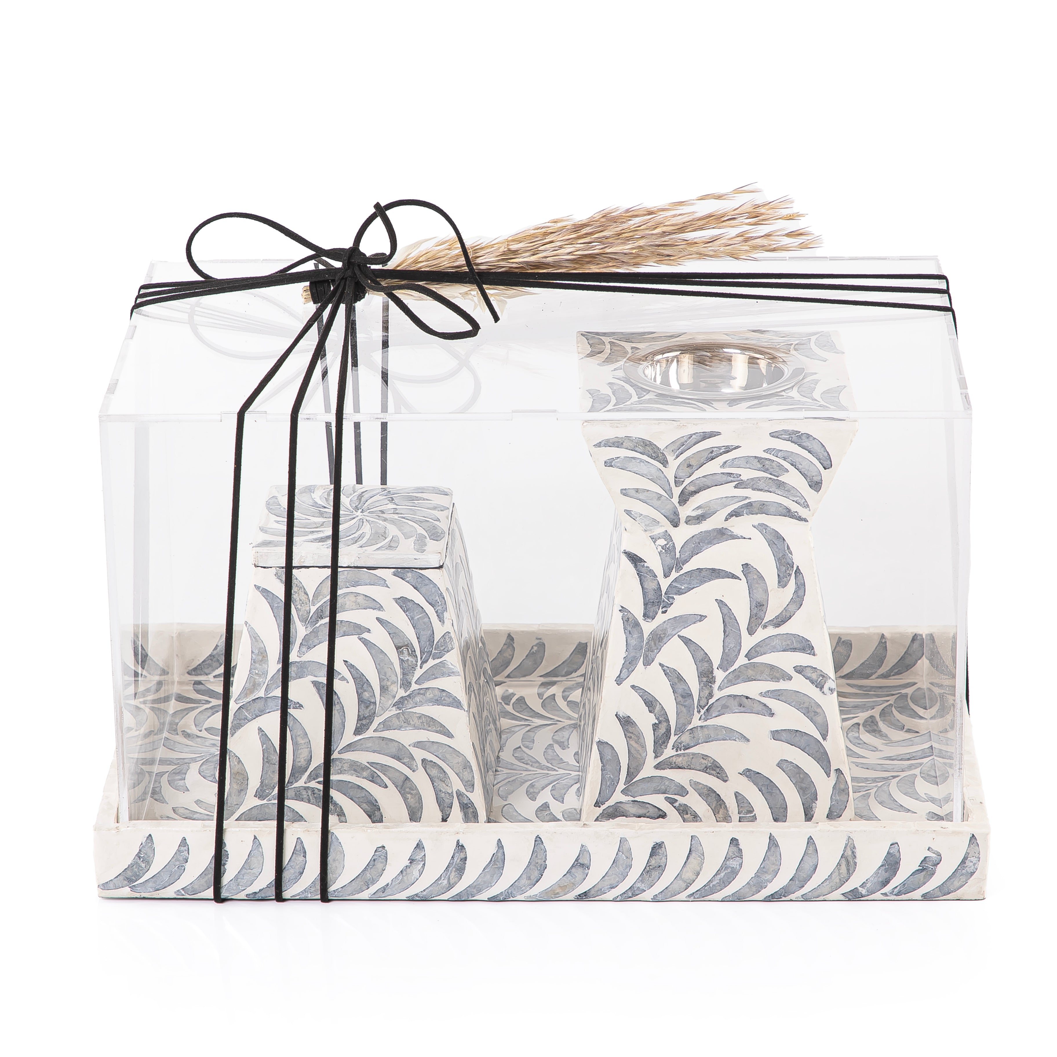 black and white decorated MOP incense burner with a bowl in an Acrylic box