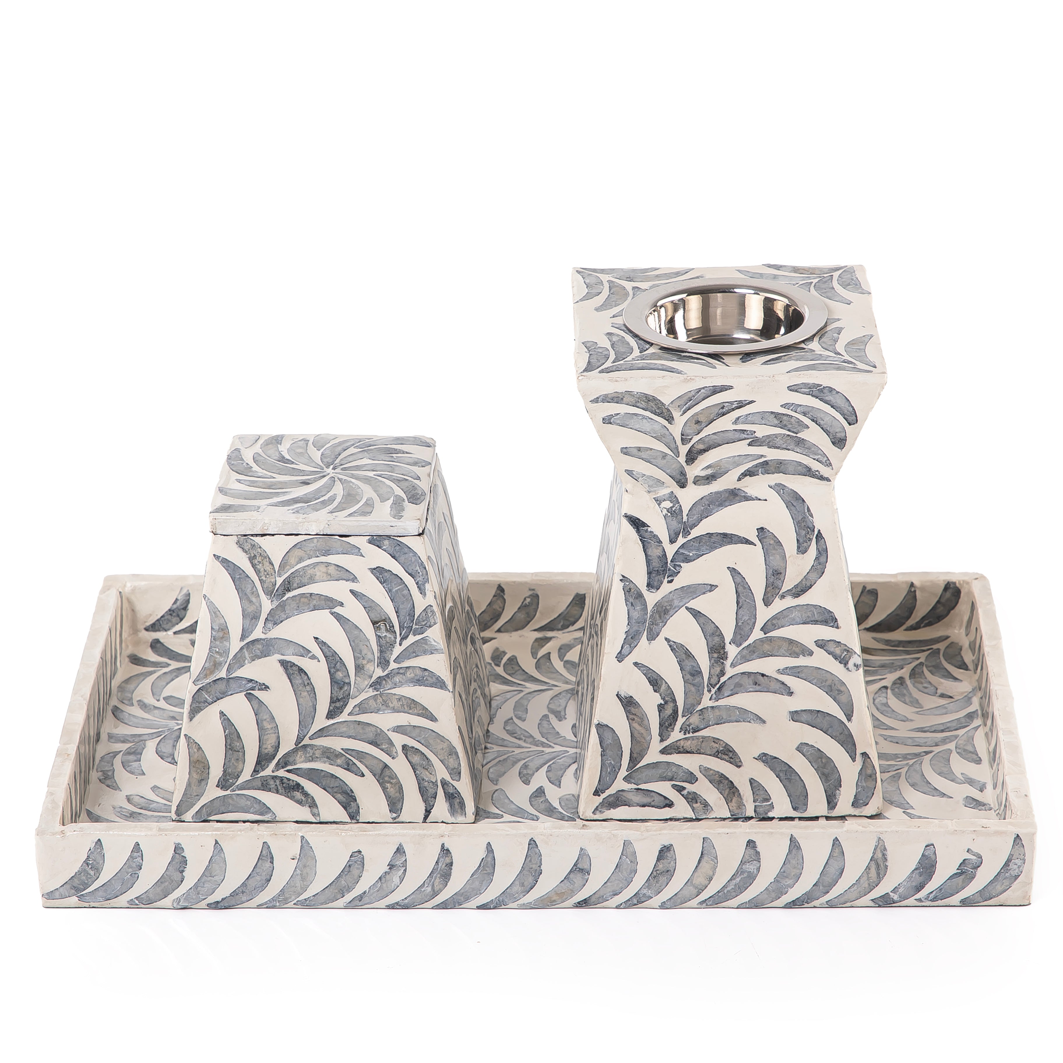 black and white decorated MOP incense burner with a bowl in an Acrylic box