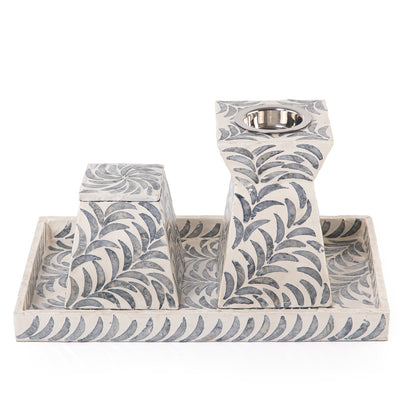 black and white decorated MOP incense burner with a bowl in an Acrylic box