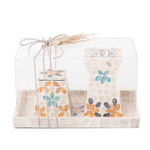 beige decorated MOP incense burner with a bowl in an Acrylic box